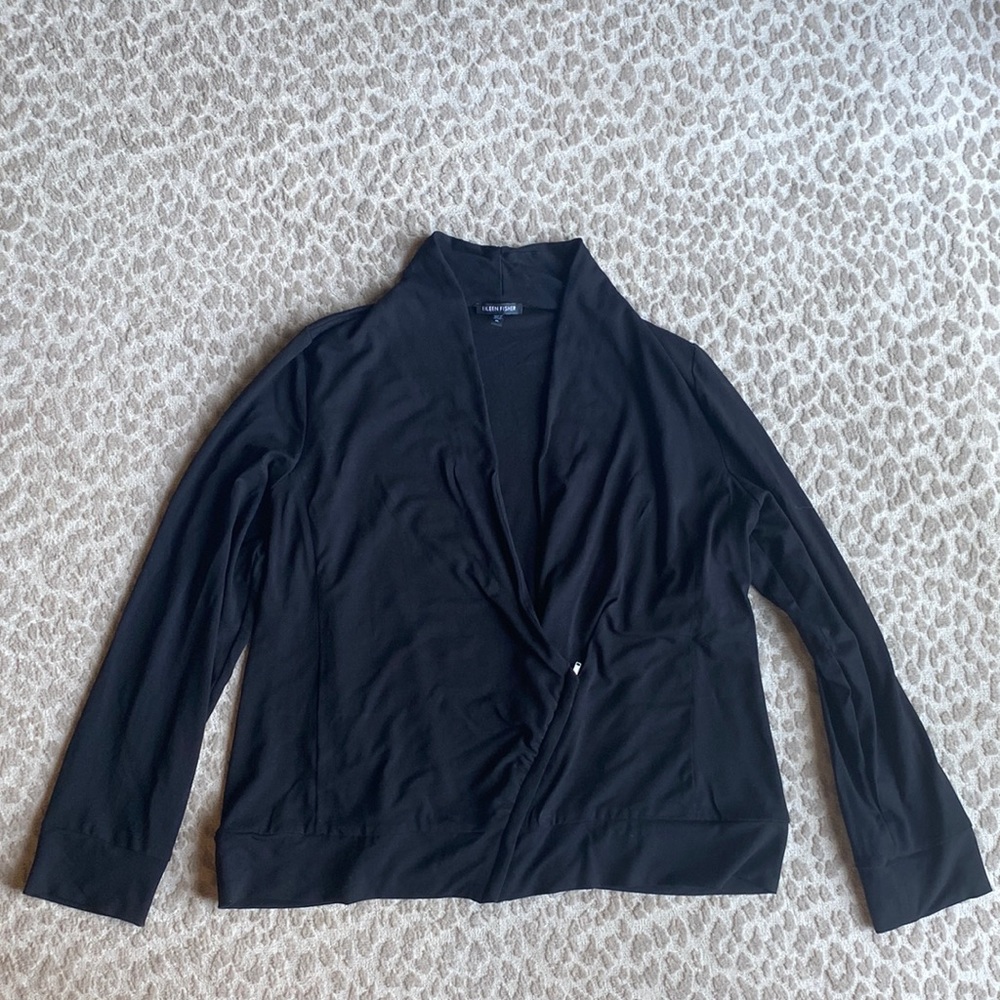 Eileen Fisher Deep V-Neck Asymmetrical Zip Stretch Blazer Black Jacket, size XS